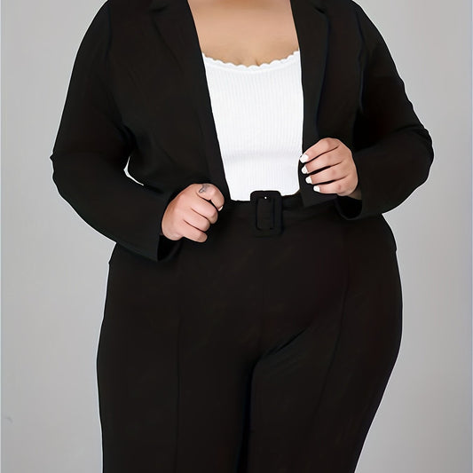 Solid Lapel Collar Blazer & Belted Pants Suit Set