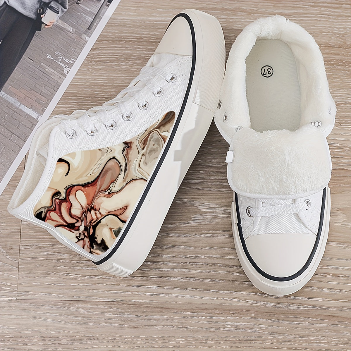 Plush Lined Chunky Canvas Sneakers Flat Heighten Warm Breathable Non Slip Shoes