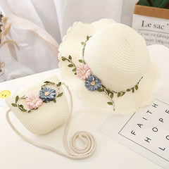 Girls Flowers Lace Trim Straw Hat & Bag Set UV Protection Sun Hat S