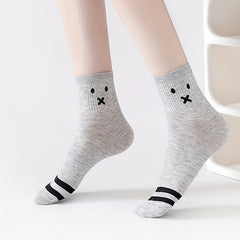 4 Pairs Cartoon Print Mid Tube Socks Soft & Comfy Ribbed Socks Women's Stockings