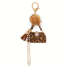 Leopard Bag & Pom Pom Bracelet Keychain Rhinestone Key Ring Purse Charm