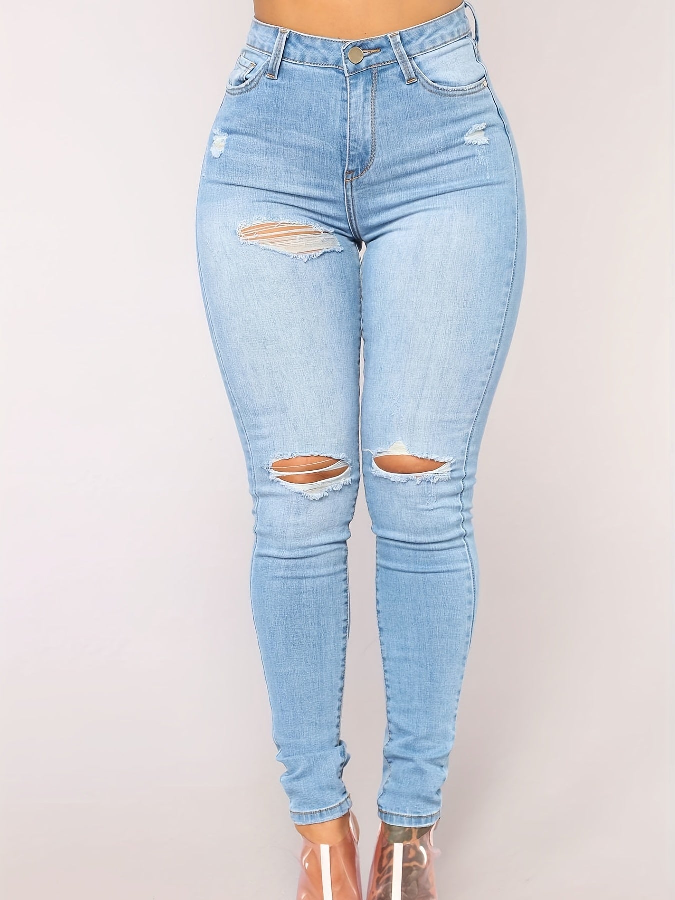 High Waist Skinny Jeans Distressed Slim Fit Denim Pants Women's Clothing