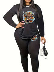 Women's Plus Floral Cow Print Long Sleeve Top & Leggings Set