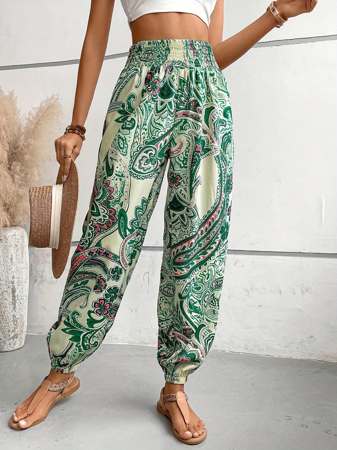 Paisley Print Stirred Waist Carrot Pants Baggy Pants