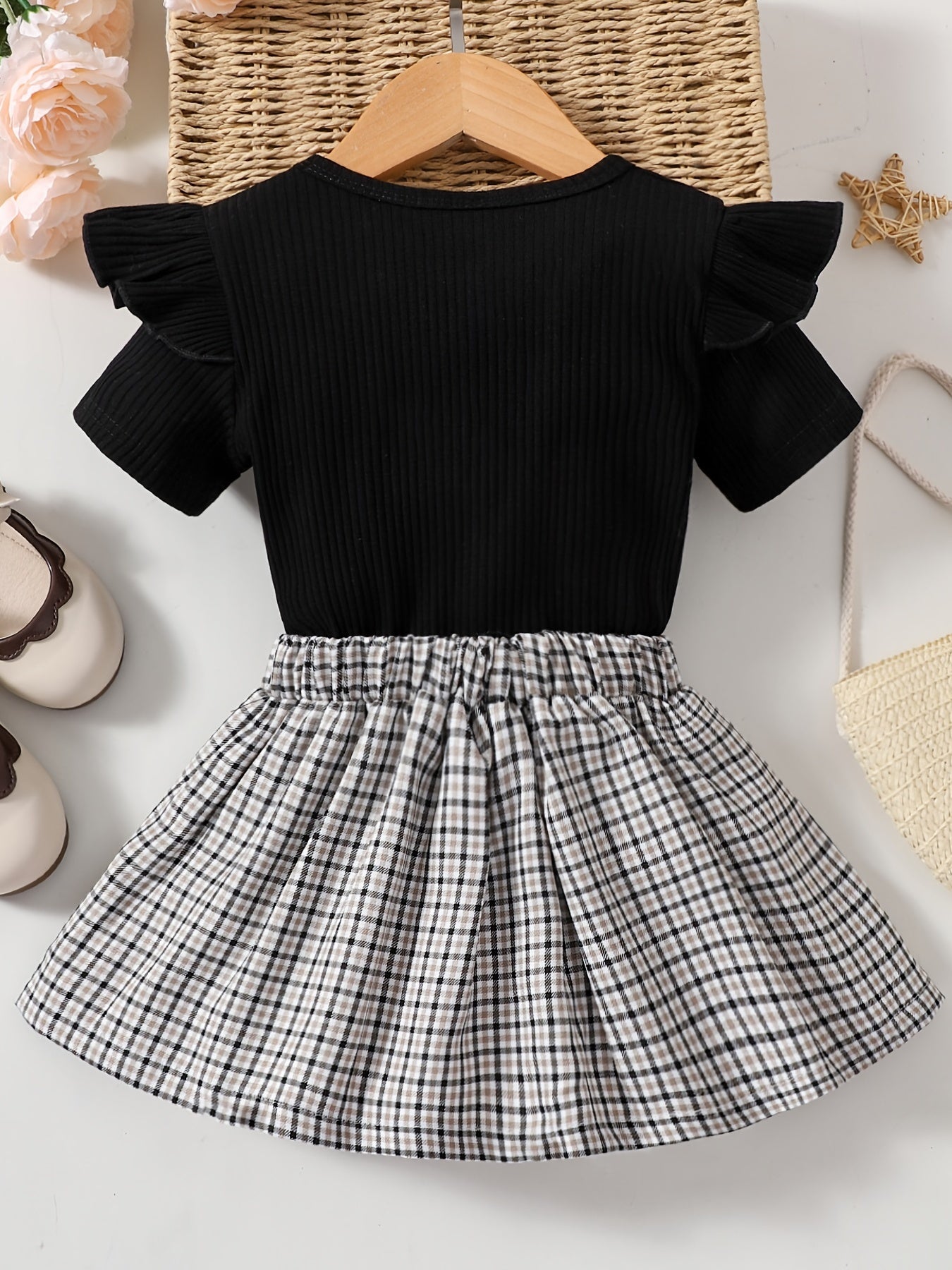 Girls T Shirt & Plaid Skirt Set Ruffles Short Sleeves I GOT IT FROM MY MAMA