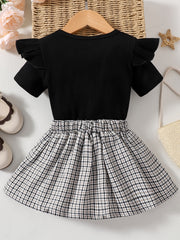 Girls T Shirt & Plaid Skirt Set Ruffles Short Sleeves I GOT IT FROM MY MAMA