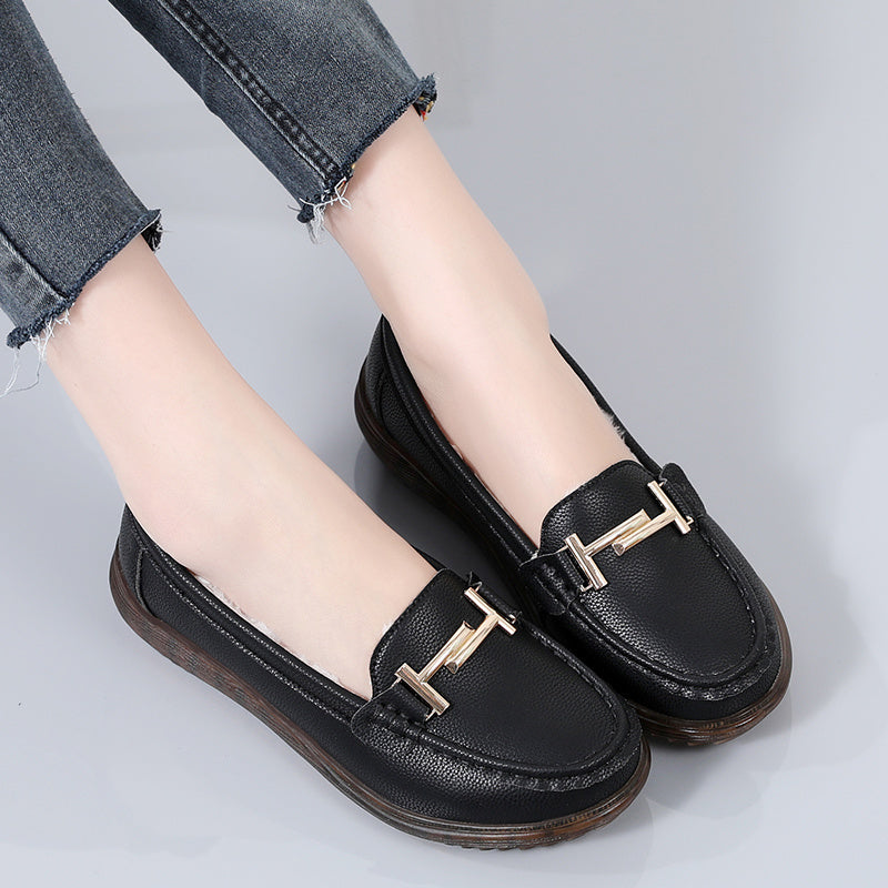 Women's Plush Lined Wedge Loafers Metal Buckle Flats Slip On Shoes