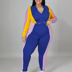 Colorblock Zip Up Jacket & Pants Set Plus Size
