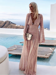 Sequined Plunging V Neck Long Sleeve Dress Formal Occasion