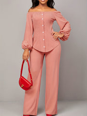 Causal Two piece Set Off Shoulder Lantern Sleeve Button Top & Straight Leg Pants