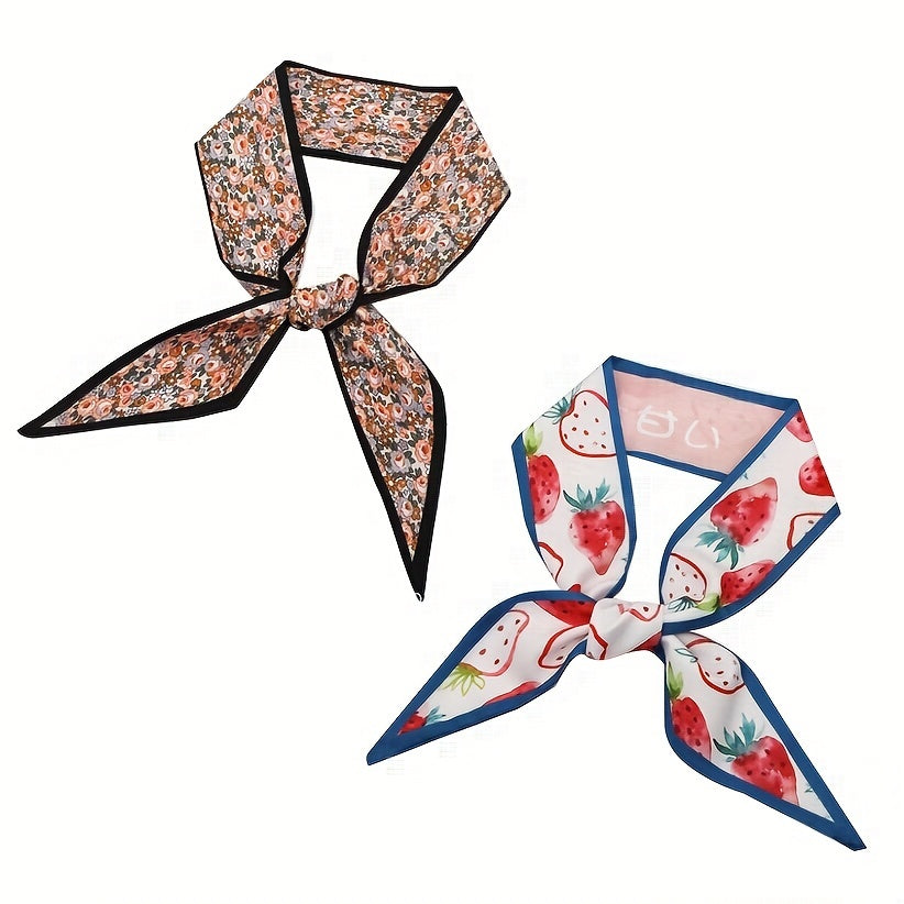 2pcs Floral & Strawberry Skinny Scarf Ribbon Neckerchief Twilly Scarf
