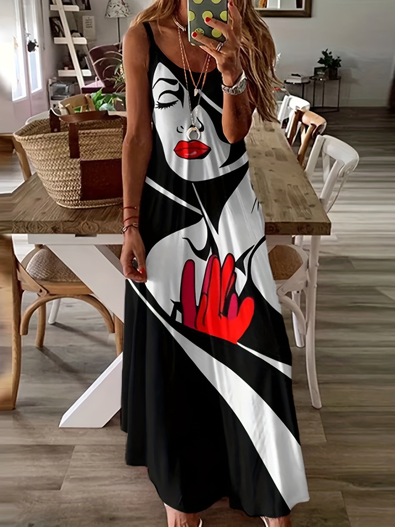 Women's Plus Abstract Figure Print V Neck Cami Maxi Dress