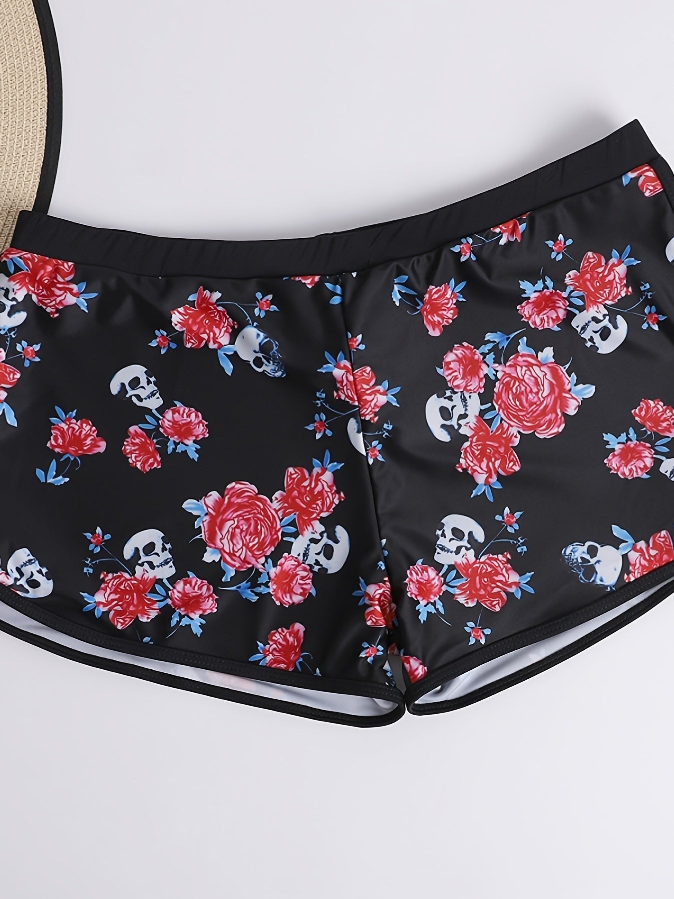 Rose & Skull Print Top & Shorts Swimsuit Set