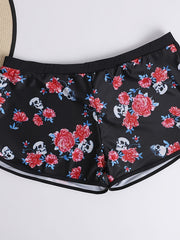 Rose & Skull Print Top & Shorts Swimsuit Set
