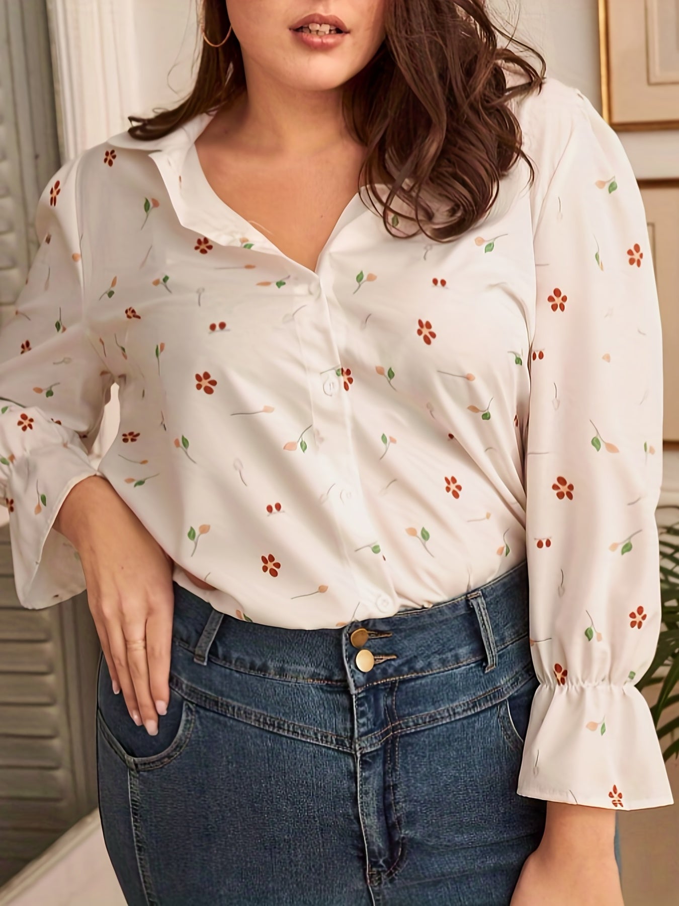 Floral Print Flounce Sleeve Button Up Plus Size Blouse
