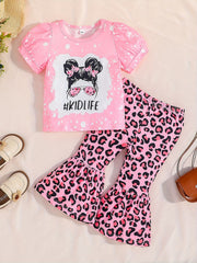 2pcs Baby Girls Puff Sleeve T-shirt & Leopard Pants Set
