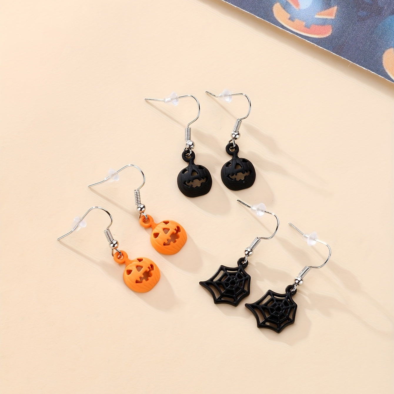 3 Pairs Halloween Pumpkin Spider Web Orange Earrings Set