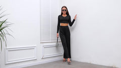 Casual Two piece Set Crew Neck Long Sleeve Tops & High Waist Wide Leg Pants