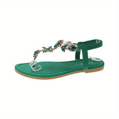 Women's Rhinestone Flat Sandals T Strap Slip On Shoes