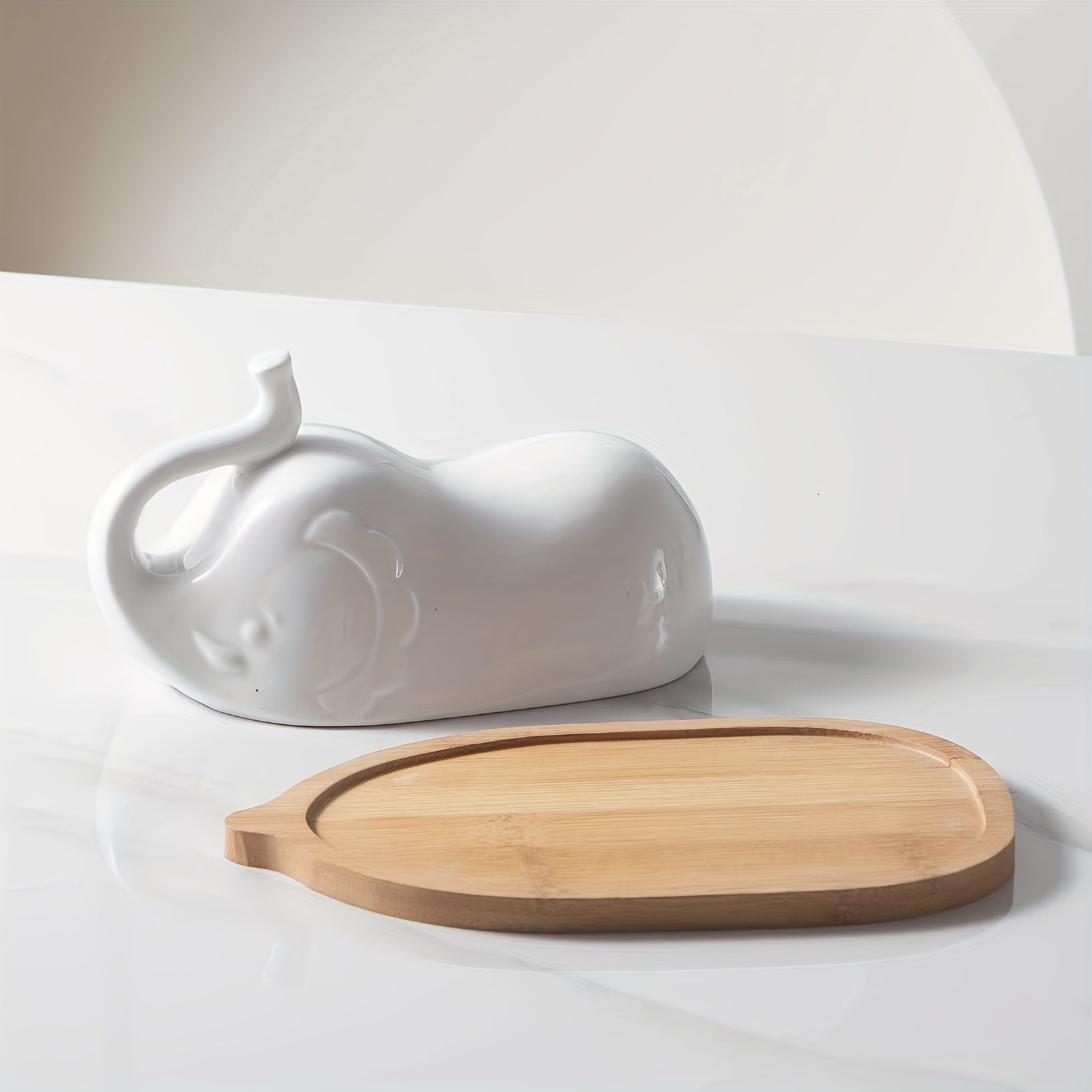 Elephant Shaped Ceramic Butter Dish with Lid and Wooden Saucer