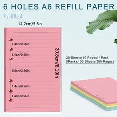 100 Sheets A6 A5 Colorful Refill Paper 6 Hole Filler Inserts