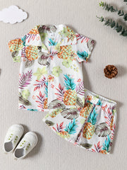 2pcs Boy Casual Cotton Tropical Graphic Short Sleeve Shirts & Shorts Set