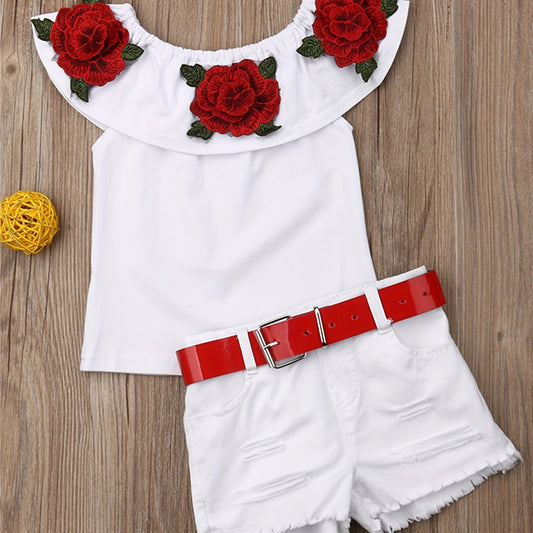 Girls Floral Off Shoulder Top & Denim Shorts Set