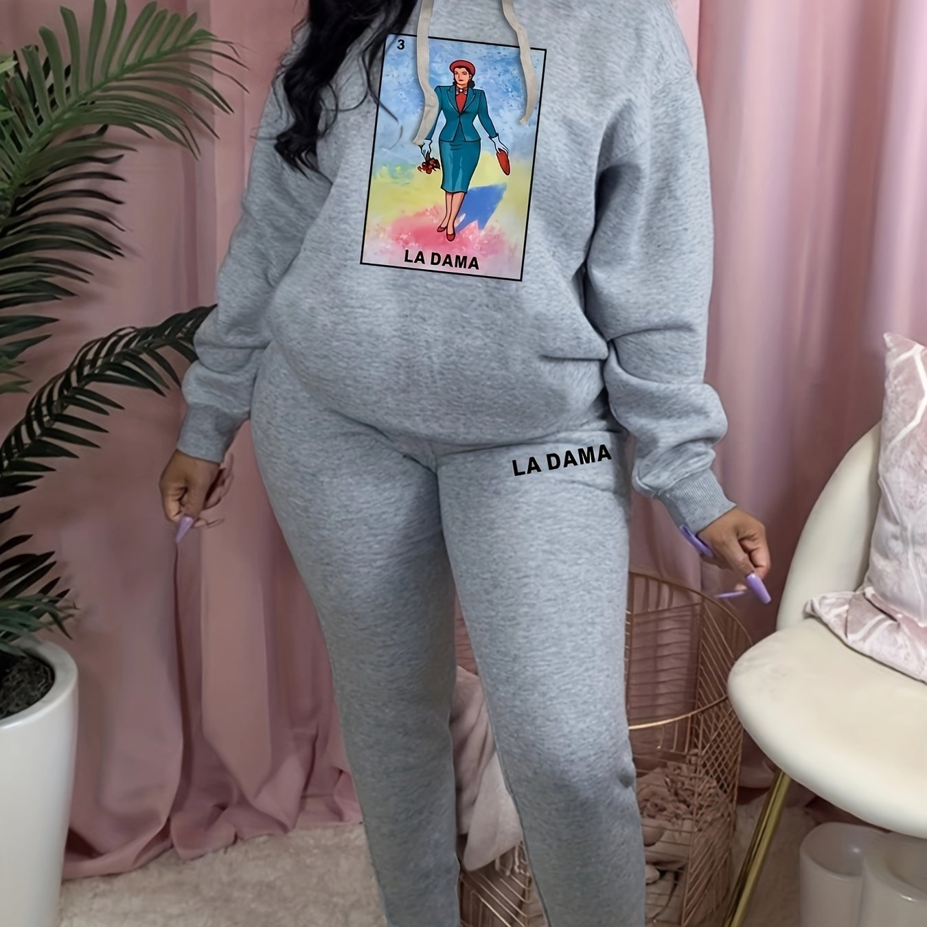 Cartoon Lady Print Hooded Sweatshirt & Sweatpants Set