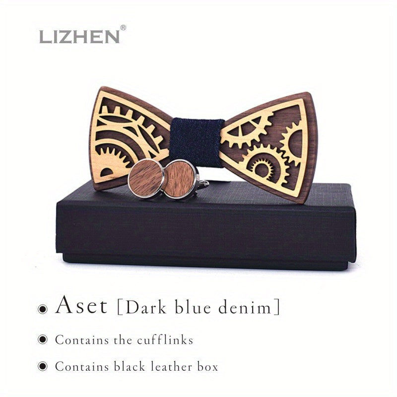 Steampunk Gear Wooden Bow Tie & Cufflinks Set for Party Wedding