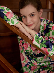 Floral & Cat Print Pajama Set Long Sleeve Top & Pants Women's Sleepwear