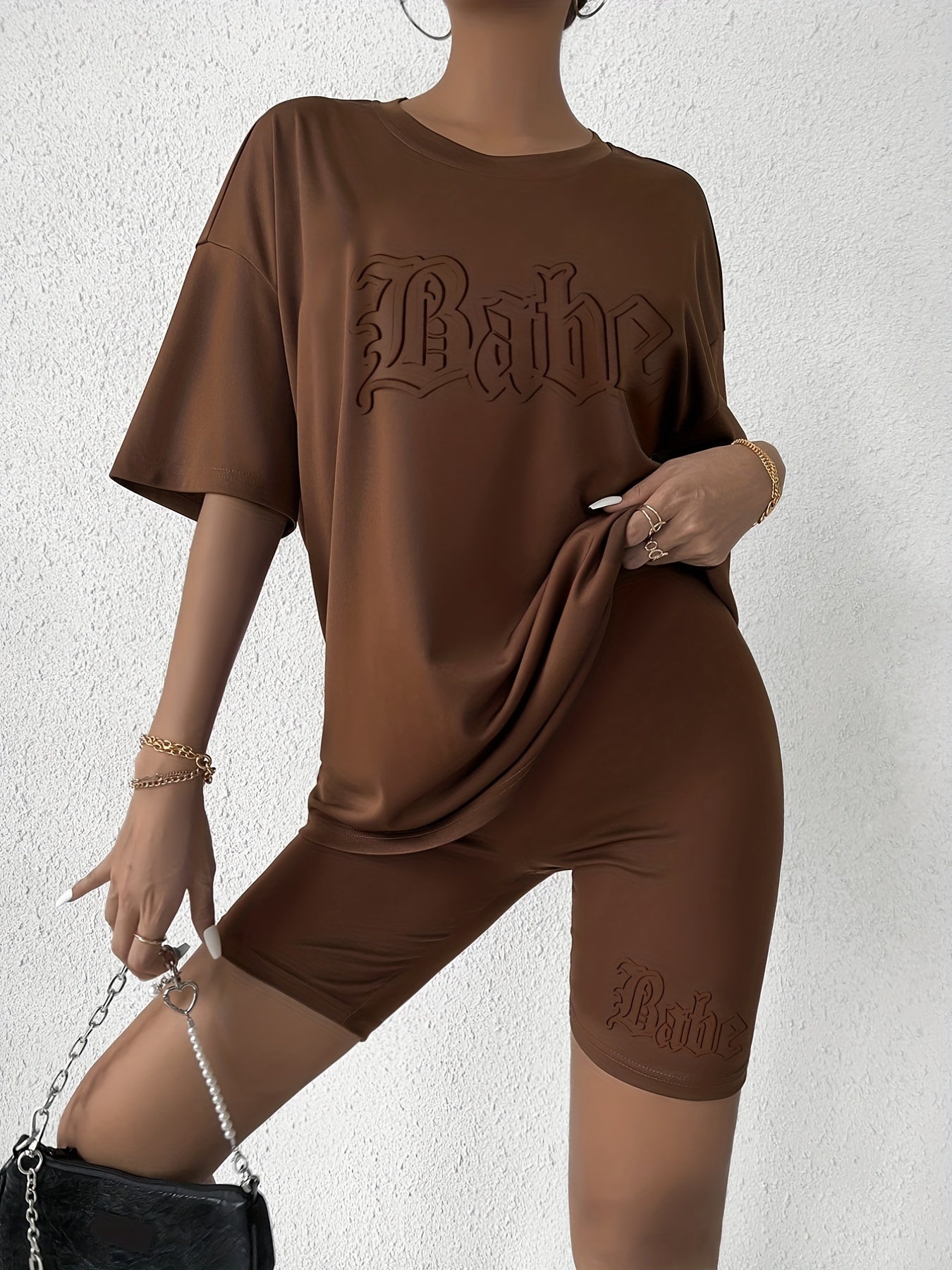 Casual Letter Pattern Two piece Set Short Sleeve T shirt & Biker Shorts Outfit