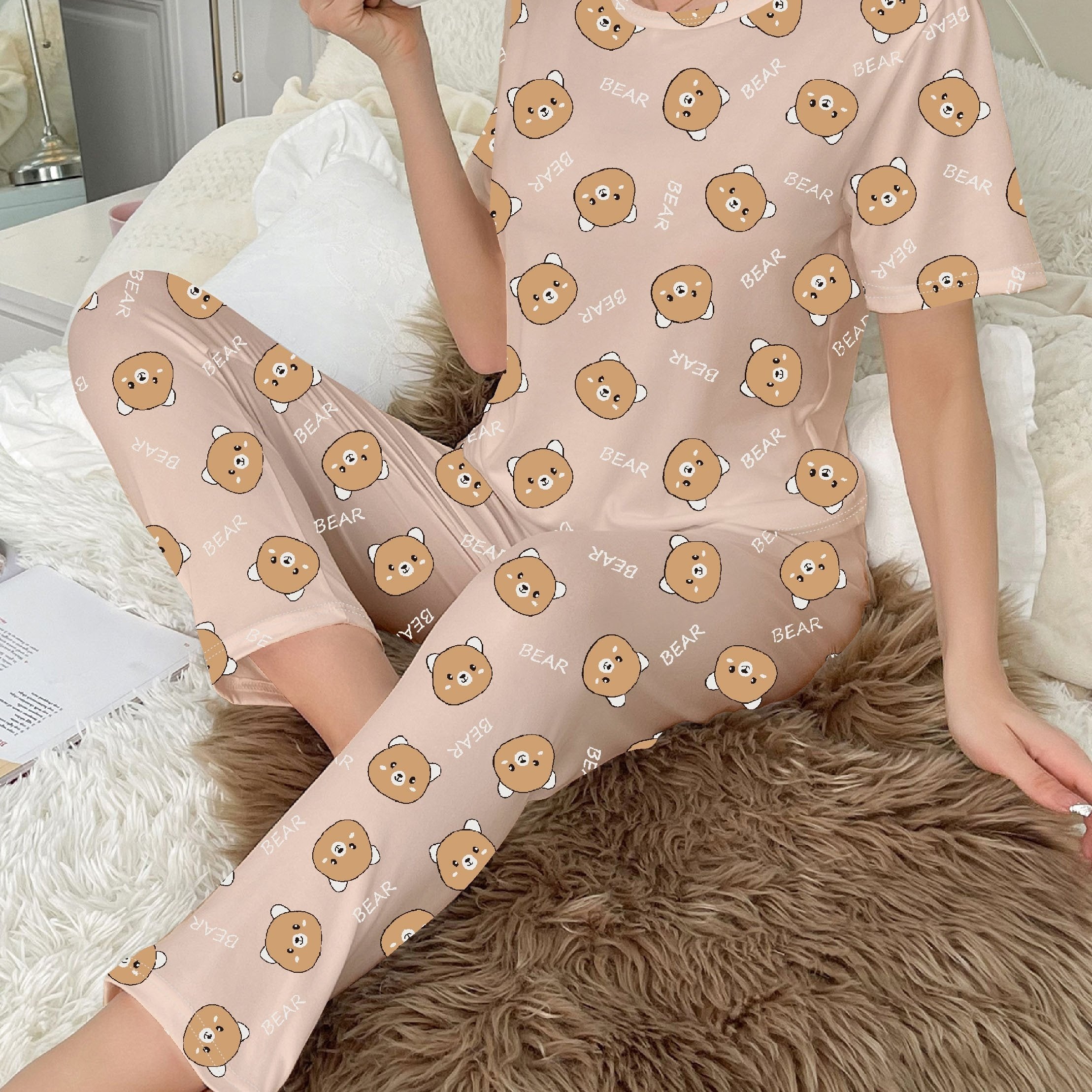 Bear Print Pajama Set Short Sleeve Top & Pants