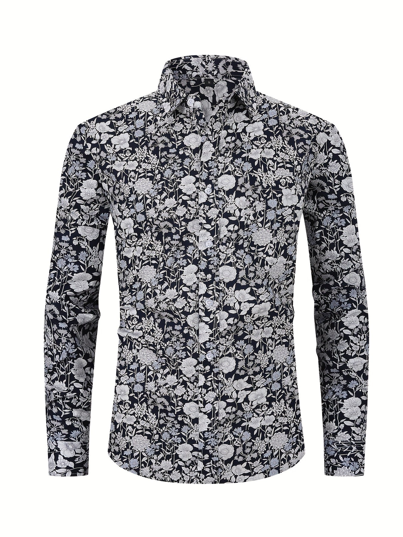 Men's Flower Print Formal Button Up Shirt with Chest Pocket