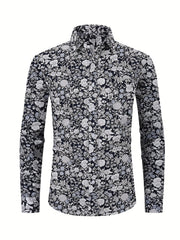 Men's Flower Print Formal Button Up Shirt with Chest Pocket