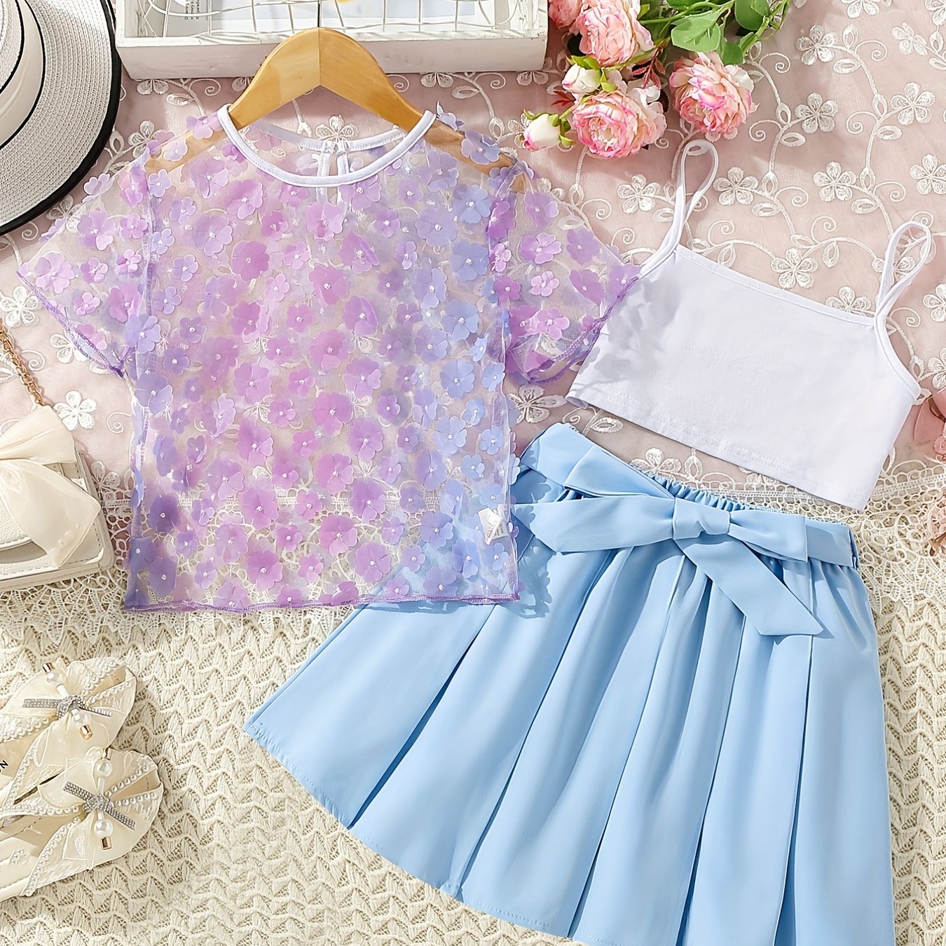 Girl's Flower Decor Mesh T shirt & Skirt Set Outfits For Summer
