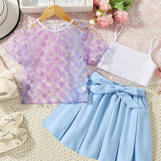 Girl's Flower Decor Mesh T shirt & Skirt Set Outfits For Summer