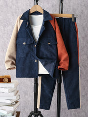Boy's Clash Corduroy Shirt & Pants Set for Spring Fall