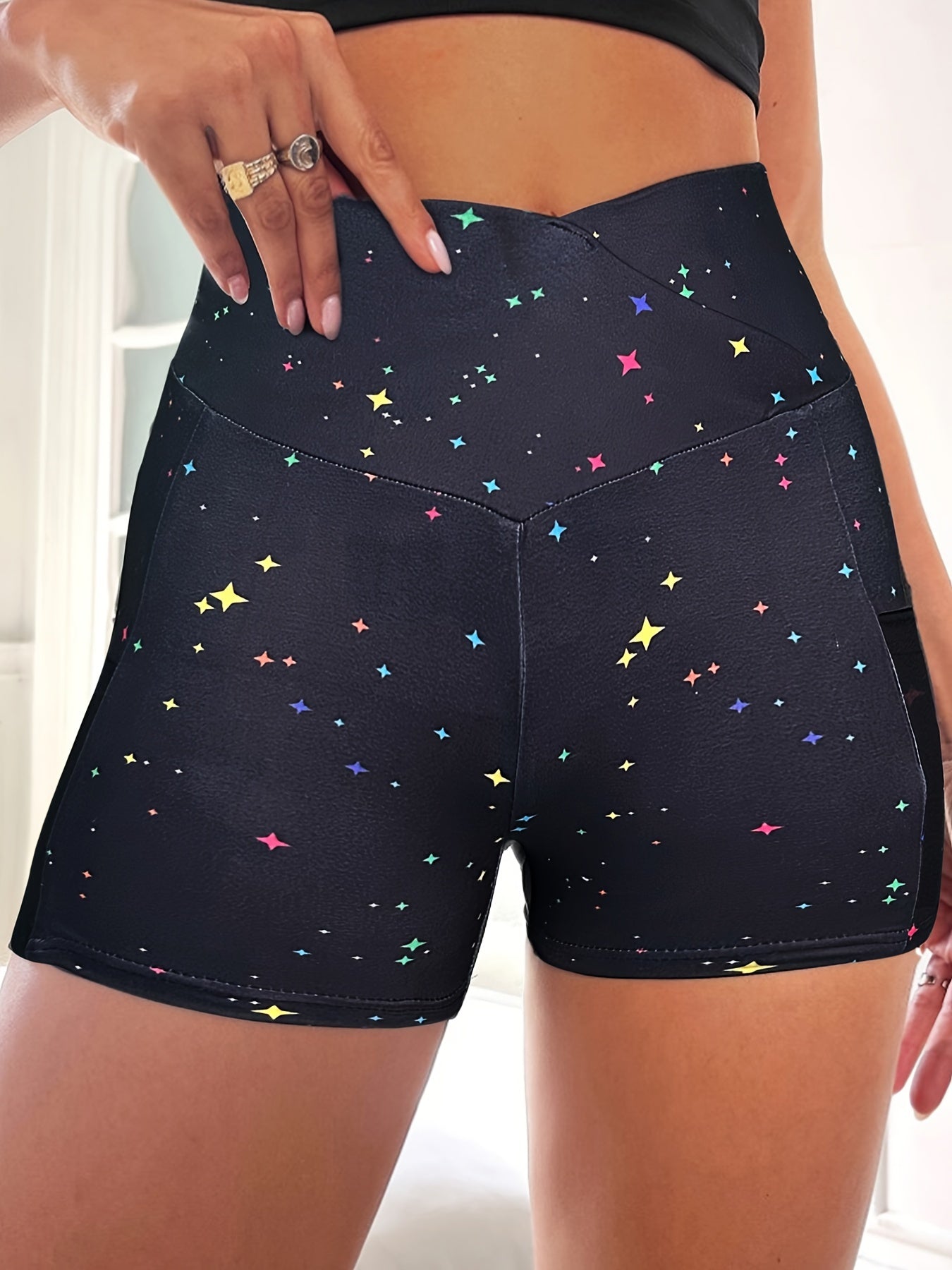 Women's Star Print Cross Waist Yoga Shorts for Fitness and Running