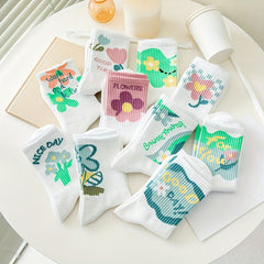 5 Pairs Floral Print Socks Breathable Mid Tube Stockings