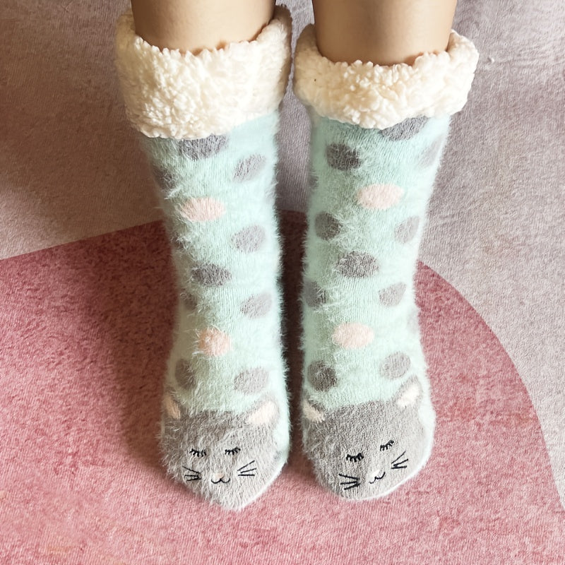 Cartoon Cat Print Non-slip Socks Plush & Comfy Women's Stockings