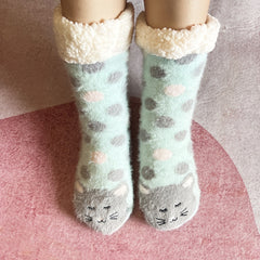 Cartoon Cat Print Non-slip Socks Plush & Comfy Women's Stockings
