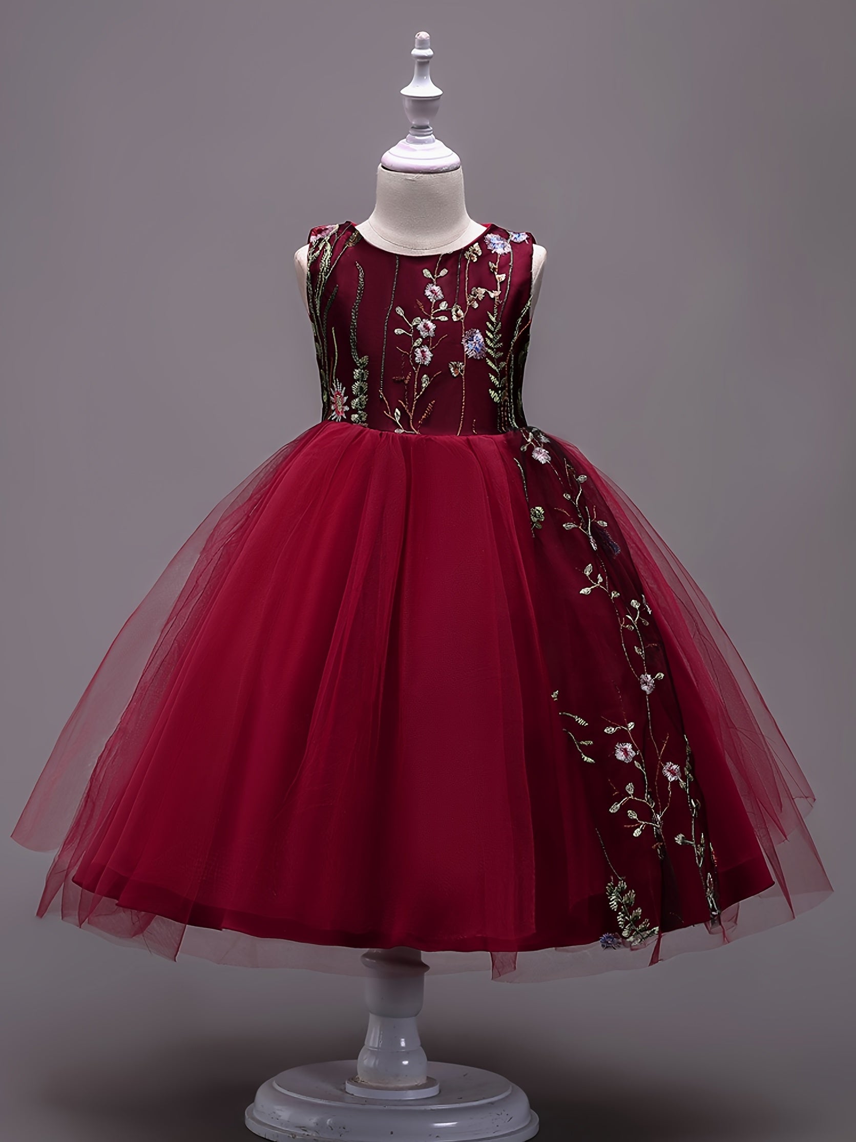 Girls Sleeveless Puffy Princess Dress Flowers Embroidery Tulle Tutu Dress