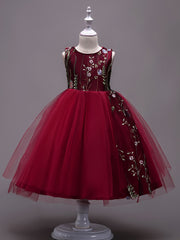 Girls Sleeveless Puffy Princess Dress Flowers Embroidery Tulle Tutu Dress