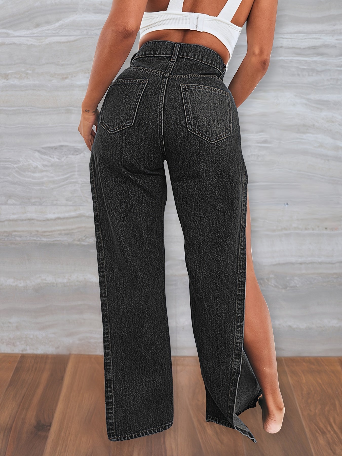 High Rise Snowflake Fabrics Split Thigh Washed Denim Jeans