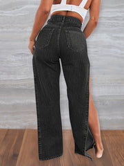High Rise Snowflake Fabrics Split Thigh Washed Denim Jeans