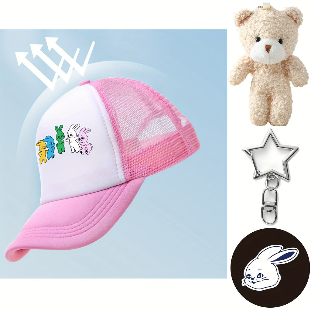 4pcs Set Rabbit Baseball Cap & Bear Rabbit Brooch Keychain Kpop Trucker Hat