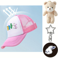 4pcs Set Rabbit Baseball Cap & Bear Rabbit Brooch Keychain Kpop Trucker Hat