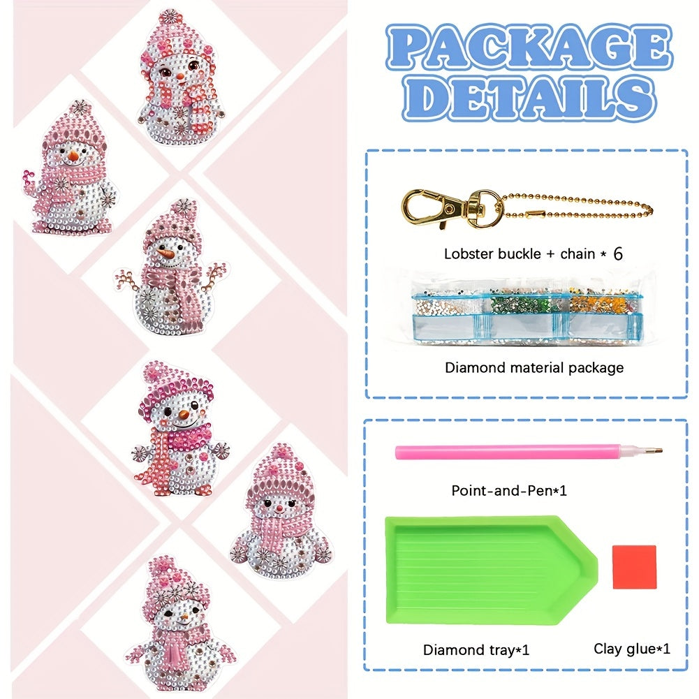 6pcs DIY Christmas Diamond Painting Keychain Pink Snowman Art Mosaic