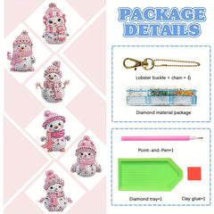 6pcs DIY Christmas Diamond Painting Keychain Pink Snowman Art Mosaic
