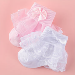 2 Pairs Girls Lace Knit Cotton Socks Bow Decor